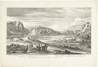 Näkymä Jouxin linnalle Veuë du Chasteau de Joux sur la frontiere de la franche Comté (otsikko esineessä) tekijältä Adriaen Frans Boudewyns