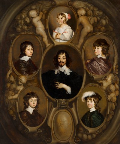 Constantijn Huygensin (1596-1687) ja hänen viiden lapsensa muotokuva. tekijältä Adriaen Hanneman