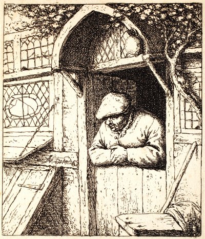 Mies nojaa ovelle, n.1672 (etsaus) tekijältä Adriaen Jansz. van Ostade