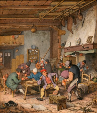 Huone majatalossa, jossa talonpojat juovat, tupakoivat ja leikkivät backgammonia - Adriaen Jansz van Ostaden (1610-1685) työ Kynä, liitu ja akvarelli paperille tekijältä Adriaen Jansz. van Ostade
