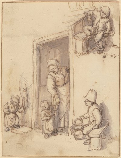 Opintolehti, jossa äiti ja hänen tyttärensä etuovessa, kaksi poikaa istumassa. 1660-luku tekijältä Adriaen Jansz. van Ostade