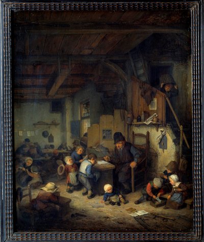 Koulumestari Scene-luokka, vanha opettaja, jolla on pieniä oppilaita suosikkitaustoista. Adrien van Ostaden (1610-1685) maalaus 1662 Su. 0,4x0,32 m tekijältä Adriaen Jansz. van Ostade