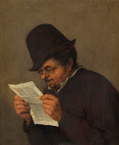 Vanha talonpoika lukemassa lehteä, noin 1647 (öljy tammelle). tekijältä Adriaen Jansz. van school of Ostade