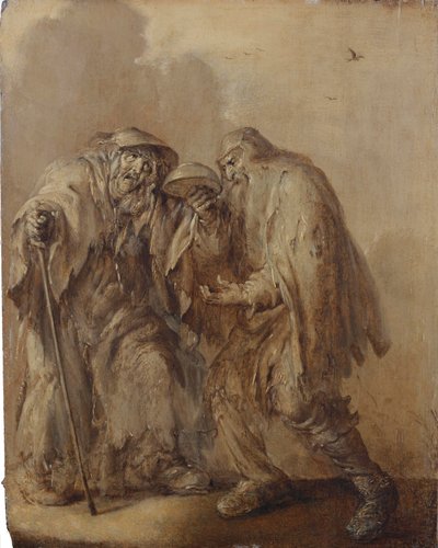 Iäkäs kerjäläispariskunta, joka pitää tyhjää kulhoa ylösalaisin; en brunaille (öljy paneelille) tekijältä Adriaen Pietersz. van de Venne