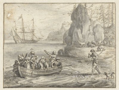 Celadon kerjäämässä merirosvoja ottamaan hänet mukaansa siepatun vaimonsa Galatean kanssa tekijältä Adriaen Pietersz van de Venne