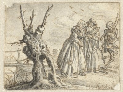 Iäkäs mies ja nainen mielellään kuolemaa seuraamassa säkkipillillä tekijältä Adriaen Pietersz van de Venne