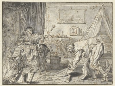 Mies siivoamassa lattiaa vaimonsa istuessa tulisijan vieressä tekijältä Adriaen Pietersz van de Venne