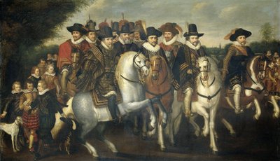 Prinssi Maurice, seurassa hänen kaksi veljeään, Frederick V, ruhtinas Palatine, ja Nassaun kreivit hevosen selässä, n. 1625 tekijältä Adriaen Pietersz van de Venne