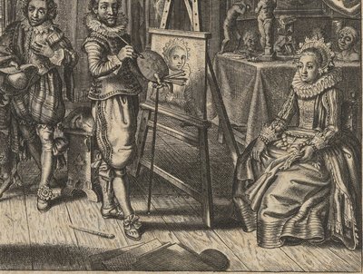 Taidemaalari ja naismalli studiossa Howelyck (sarjan nimi) tekijältä Adriaen Pietersz van de Venne