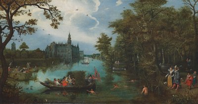 Kesäinen maisema, jossa veneilijät ja uimarit tekijältä Adriaen Pietersz. van de Venne