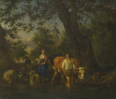 Talonpojat karjan kanssa kahlaamassa puroa, n. 1662 tekijältä Adriaen Velde van de