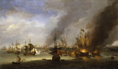 Soleil Royal -aluksen tuhoutuminen La Hoguen taistelussa 23. toukokuuta 1692, noin 1700 (öljymaalaus). tekijältä Adriaen van Diest