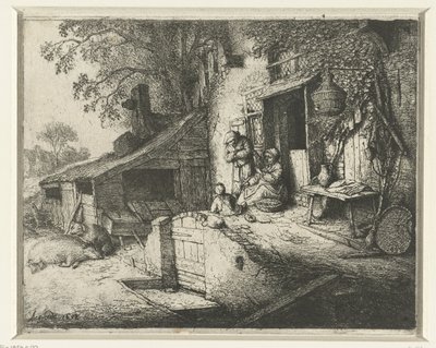 Pyörivä nainen talon edessä Pyörivä nainen ovella tekijältä Adriaen van Ostade (signed by artist)