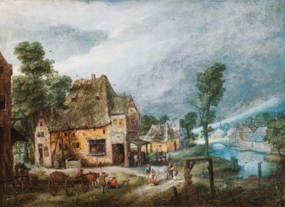 Kylä joen rannalla hahmojen kanssa (öljy kuparille) tekijältä Adriaen van Stalbemt