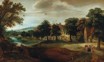 Metsäinen jokimaisema, jossa on kylärakennuksia ja Abraham ja kolme enkeliä tekijältä Adriaen van Stalbemt