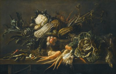 Asetelma artisokasta, parsasta, vihreästä kaalista, sipulista, pavuista, porkkanoista ja muista vihanneksista, kaikki puupenkillä. tekijältä Adriaen van Utrecht