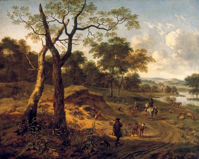 Metsäinen iltamaisema metsästäjän ja koirien kanssa tekijältä Adriaen van de Velda