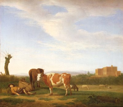 Pastoraalinen maisema nukkuvan paimenen kanssa, 1600-luku tekijältä Adriaen van de Velde