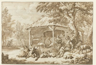 Paimenpariskunta karjan kanssa lähellä aitoa Herdersidylle tekijältä Adriaen van de Velde