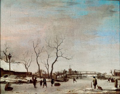 Riviere Gelee luistelijoiden kanssa Adriaen Van de Velde le jeunen maalaus (1636-1672) 1668 Dim. 23x30 cm Pariisi, Musée du Louvre tekijältä Adriaen van de Velde