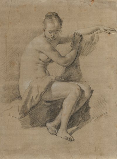 Istuva nainen alaston, n. 1660-70 (mustavalkoinen liitupiirros) tekijältä Adriaen van de Velde