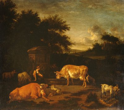 Shepherdess ja Drover laumiensa kanssa klassisen suihkulähteen luona metsäisessä maisemassa tekijältä Adriaen van de Velde