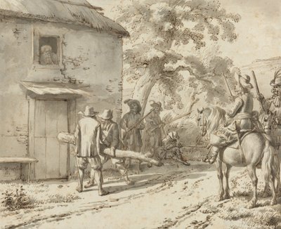 Sotilaat pakottavat oven, 1669 (kynä- ja mustepiirustus) tekijältä Adriaen van de Velde