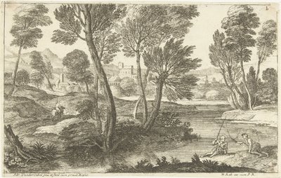 Maisema kahden kalastajan kanssa Kaksi kalastajaa Maisemat, sarja kolme (sarjan nimi) tekijältä Adriaen van der Kabel