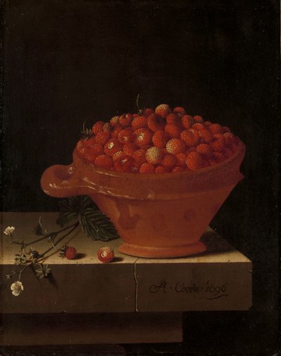 Kulho mansikoita kivijalkalissa, 1696 tekijältä Adrian Coorte