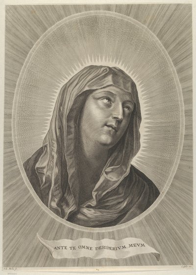Neitsyen pää, joka katsoo ylös oikealle, soikeassa kehyksessä, Renin perässä, n. 1..., n. 1650-67. tekijältä Adrian van Melar