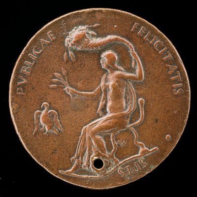 Felicitas istuu, pitelee tähkäkorvia ja heiluttaa Cornucopiae [käänteinen], 1494 tai ennen. tekijältä Adriano Fiorentino