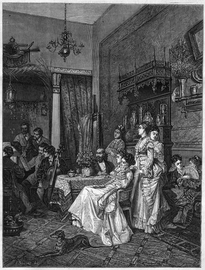 Amatöörikonsertti taiteilijan studiossa. Kaiverrus Adrien Moreaun (1843-1906) maalauksen jälkeen teoksessa "The Illustrous Universe" tekijältä Adrien (after) Moreau