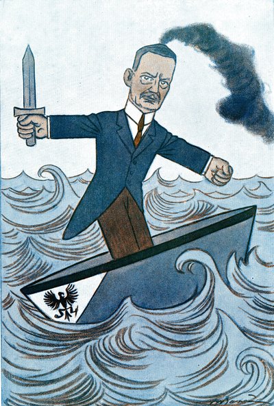 Sarjakuva Wilhelm Cuno (1876-1933), saksalainen meriasioista vastaava poliitikko. Adrien Barreren (1877-1931) piirros Fantasiosta tekijältä Adrien Barrere