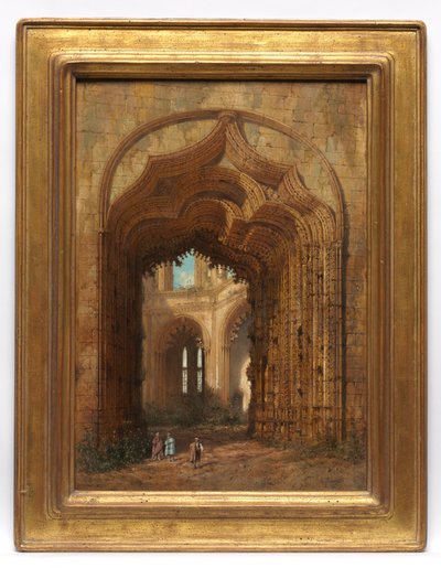 Raunioitunut kirkko, n.1840 (öljy paneelille) tekijältä Adrien Dauzats