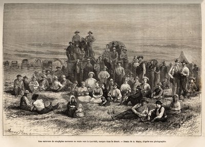 Mormonien neofyyttien karavaani matkalla Sale-järvelle, sen leirissä autiomaassa, kaiverrus A.Marien piirustuksen mukaan, joka havainnollistaa matkaa Washingtonista San Franciscoon vuonna 1868, L. Simonin, julkaistu "" Le tour du monde -lehdessä" ”” 1874,  tekijältä Adrien Emmanuel Marie