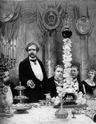 Skandinavian Pariisin siirtokunnan järjestämä bankettimatkailija Nils Adolf Erik (Eric) Baron Nordenskjold (Nordenskiold) (1832-1901) kunniaksi Hotel Continentalissa. Esillä ovat: Kreivi Kapnitz, professori Nordenskjold, Ruotsin prinssi Oscar (1859-1953) tekijältä Adrien Emmanuel Marie
