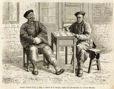 Shakin pelaajat. Kaiverrus A.Marien piirustuksen jälkeen havainnollistamaan matkaa Pekiniin ja Pohjois-Kiinaan, T.Choutze, vuonna 1873, julkaistu "" Le tour du monde""" 1876, toimittanut Edouard Charton, painos Hachette, Paris. Selva Collection. tekijältä Adrien Emmanuel Marie