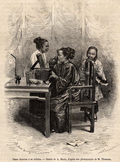 Kiinalaisella naisella on wc. Kaiverrus A.Marien piirustuksen jälkeen havainnollistamaan matkaa Pekiniin ja Pohjois-Kiinaan, T.Choutze, vuonna 1873, julkaistu "" Le tour du monde""" 1876, toimittanut Edouard Charton, painos Hachette, Paris. Selva Collectio tekijältä Adrien Emmanuel Marie