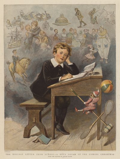 Lomakirje koulusta, pojan unelma tulevasta joulusta (chromolitho) tekijältä Adrien Emmanuel Marie