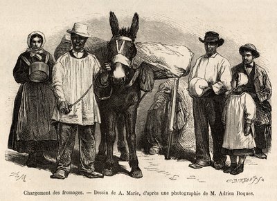 Juustojen lastaus muulin selkään, kohti Roquefortin kellareita, kaiverrus A.Marien piirustuksen mukaan, joka kuvaa matkaa Roquefortiin ja sen ympäristöön, Adrien Roques ja Jules Charton, vuonna 1874, julkaistu "" Le tour du monde””” tekijältä Adrien Emmanuel Marie
