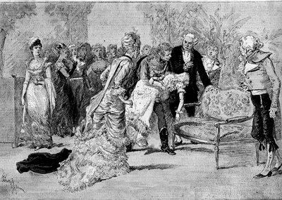Teatteriesitys: Jules Claretien (1840-1913) ja William Busnachin (1832-1907) "" Le beau Solignac" yhdessä Edouard Angelon (Solignac) ja Melle Cassothyn (Louise de Farges) kanssa. Pariisi, Chatelet-teatteri tekijältä Adrien Emmanuel Marie