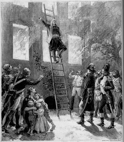 Teatteriesitys: "" Ninety-three"" ("Ninety-three"), kirjoittanut Paul Meurice (1818-1905), kirjoittanut Victor Hugo (1802-1885). Tourguen tuli (10. maalaus): Marquis de Lantenac, pelastuttuaan Flecharden lasten hengen, antaa itsensä tekijältä Adrien Emmanuel Marie