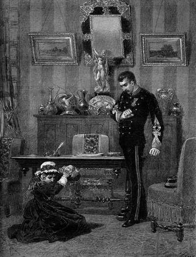 Teatteriesitys: Albert Delpit (1849-1893) "Coralien poika" yhdessä Aimee Jeanne Tessandierin (1851-1923) (Coralie) ja Lucien Guitryn (1860-1925) (Daniel) kanssa. Pariisi, Theater du Gymnasium tekijältä Adrien Emmanuel Marie