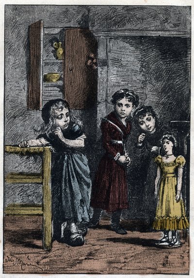Thenardierin kaksi tytärtä, Eponine ja Azelma, katsovat Cosettea, joka sai nuken Catherine - kuvitus Adrien Marie (1848-1891) Victor Hugon (1802-1885) "The miserables - Toinen osa: Cosette" 1862. tekijältä Adrien Emmanuel Marie