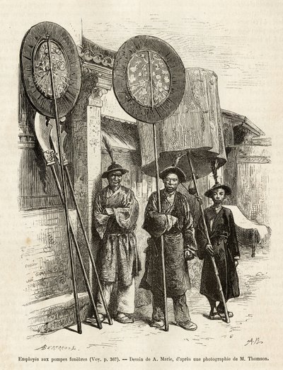 Kolme hautaustyöntekijää Pekinissä. Kaiverrus A.Marien piirustuksen jälkeen havainnollistamaan matkaa Pekiniin ja Pohjois-Kiinaan, T.Choutze, vuonna 1873, julkaistu "" Le tour du monde""" 1876, toimittanut Edouard Charton, painos Hachette, Paris. Selva Col tekijältä Adrien Emmanuel Marie