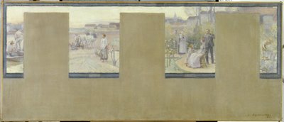 Luonnos Nogent-sur-Marnen kaupungintaloa varten: Le canotage - le labourage - la villégiature - le jardinage, en 1889 (öljy kankaalle (armure)) tekijältä Adrien Karbowsky
