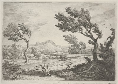 Maisema matkustajien kanssa kovassa tuulessa, n. 1753 (etsaus) tekijältä Adrien Manglard