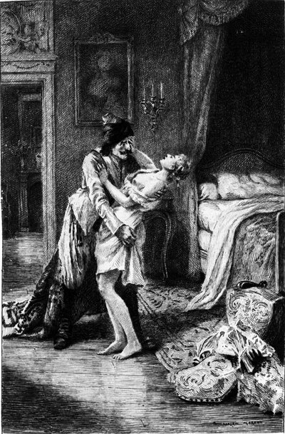Adrien Moreaun (1843-1906) kaiverrus, joka kuvaa Francois Marie Arouet dit Voltairen (1694-1778) "" Candidea". tekijältä Adrien Moreau