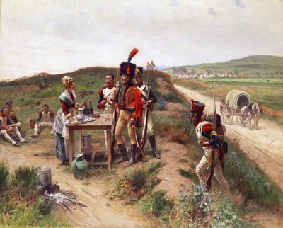 Soldaten bei einer jungen Markthändlerin auf der Rast tekijältä Adrien Moreau