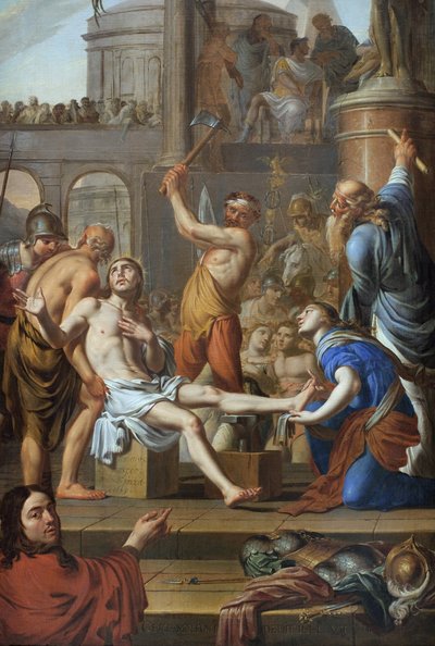 Pyhän Adrienin marttyyrikuolema (kuoli 306). Adrien Sacquespeen (1629-1688) maalaus öljy kankaalle tekijältä Adrien Sacquespee